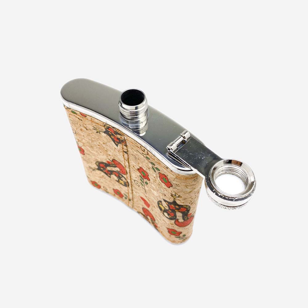 Cork Hip Flask Pattern Galo de Barcelos and Flower
