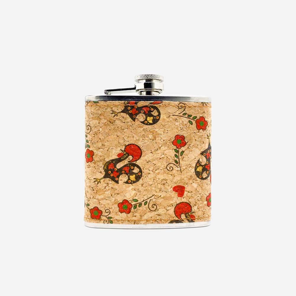 Cork Hip Flask Pattern Galo de Barcelos and Flower